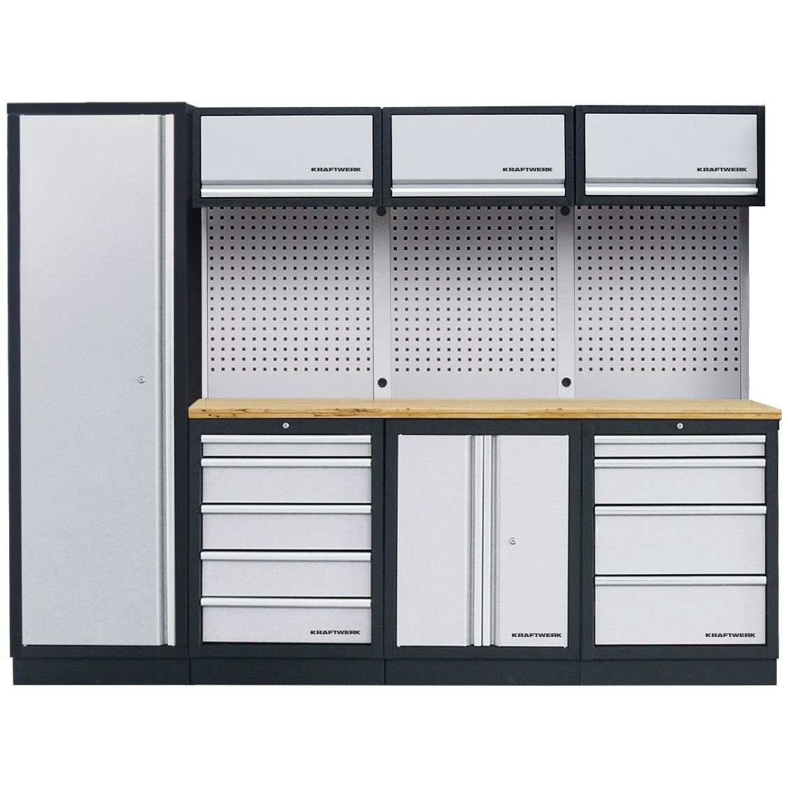 3964B_1_d0271e3d-735f-470e-95b3-c2b3d3cc5297.jpg KRAFTWERK Werkstatt-Kombination – MOBILIO 4-Element-Schrankwand mit Buche Multiplex & Lochwand 2640 mm Breite – KW-3964B – Bild 1