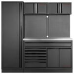 KRAFTWERK MOBILIO BLACK 2er-Kombi breit – Werkstattmöbelsystem mit 7 Schubladen, Edelstahlplatte & Lochwand | Vormontiert freistehend 1960 mm – KW-3964K-BLK-021-IX