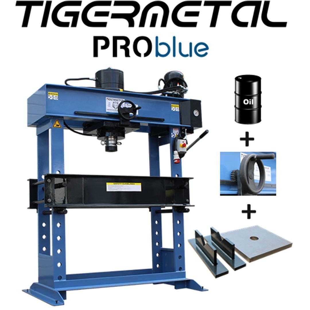 TM00002-2.jpg Tigermetal PROblue Set Hydraulische Werkstattpresse 100 Tonnen TMWH100K mit Handrad, Hydrauliköl, Massive Auflageplatte, 1 Paar Prismenblöcke – TM00002 – Bild 1