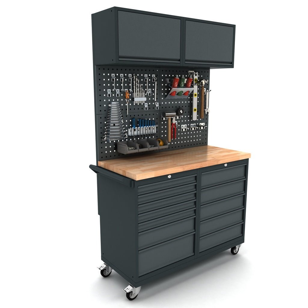 image_1024_2d0e6371-2fba-49c6-919c-0f076967c38a.jpg TOOLBOX4YOU Bullram Werkbank mobil 12 Schubladenschrank inkl. Werkzeugwand und Oberschrank – WBG124M15 – Bild 1