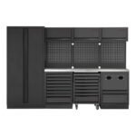 KRAFTWERK MOBILIO BLK 4er Komplett-Kombi – Edelstahl-Werkbank mit Hochschrank, Werkzeug-Lochwand & One-Key-System – KW-3964K-BLK-IX